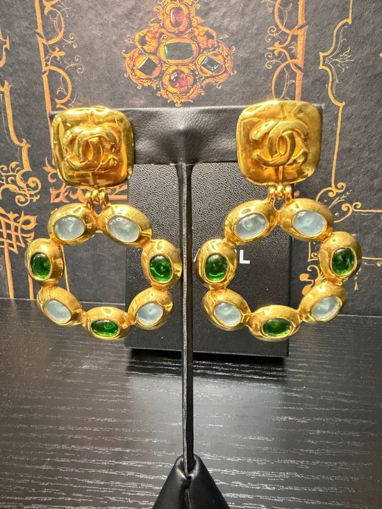 CHANEL Jewelry - CHANEL 97 Gold Hoop Gripoix Drop Earrings with Green and Light Blue Gripox